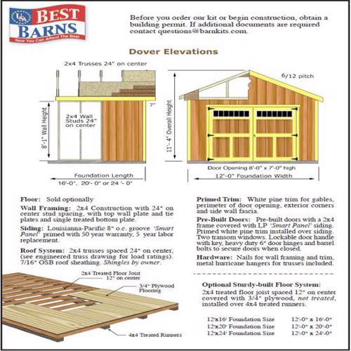 Best Barns Dover 12x24 Wood Garage Kit - All-Precut (dover_1224) Shed Elevation