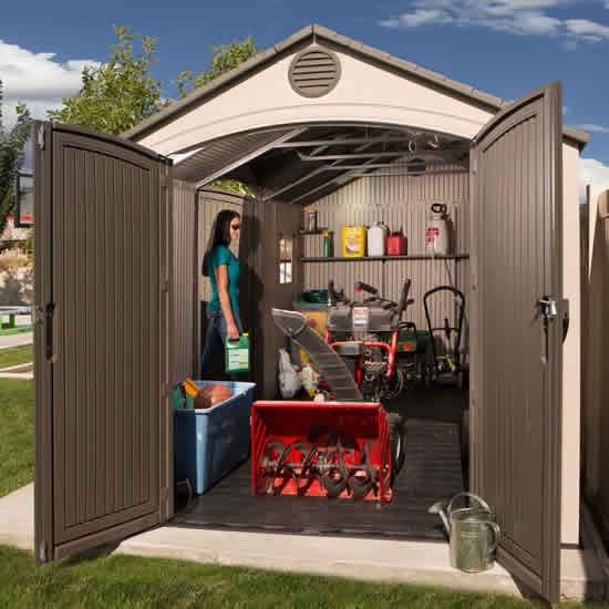 Lifetime 15x8 Plastic Storage Shed Kit w/ Double Doors (60079) Storage for lawn and garden tools such as the lawn mower, leaf blower, and sprinkler. 