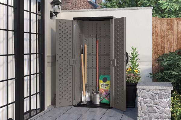 Suncast Vertical Storage Shed Kit - Stoney (BMS1250BS) Open Doors View 